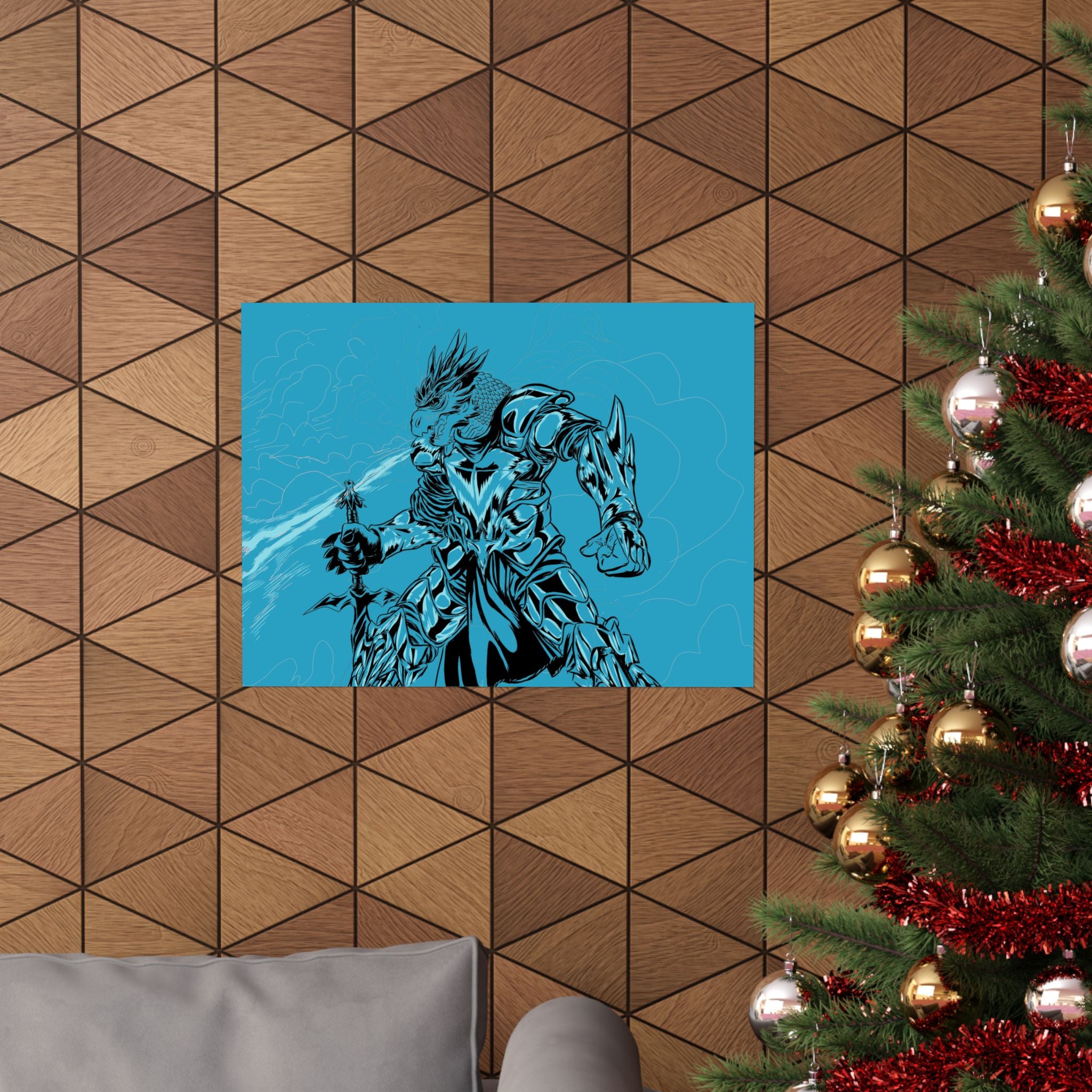Dragonborne Warrior Matte Poster — Blue Fantasy Knight Art Print