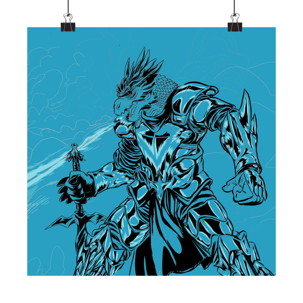 Dragonborne Warrior Matte Poster — Blue Fantasy Knight Art Print