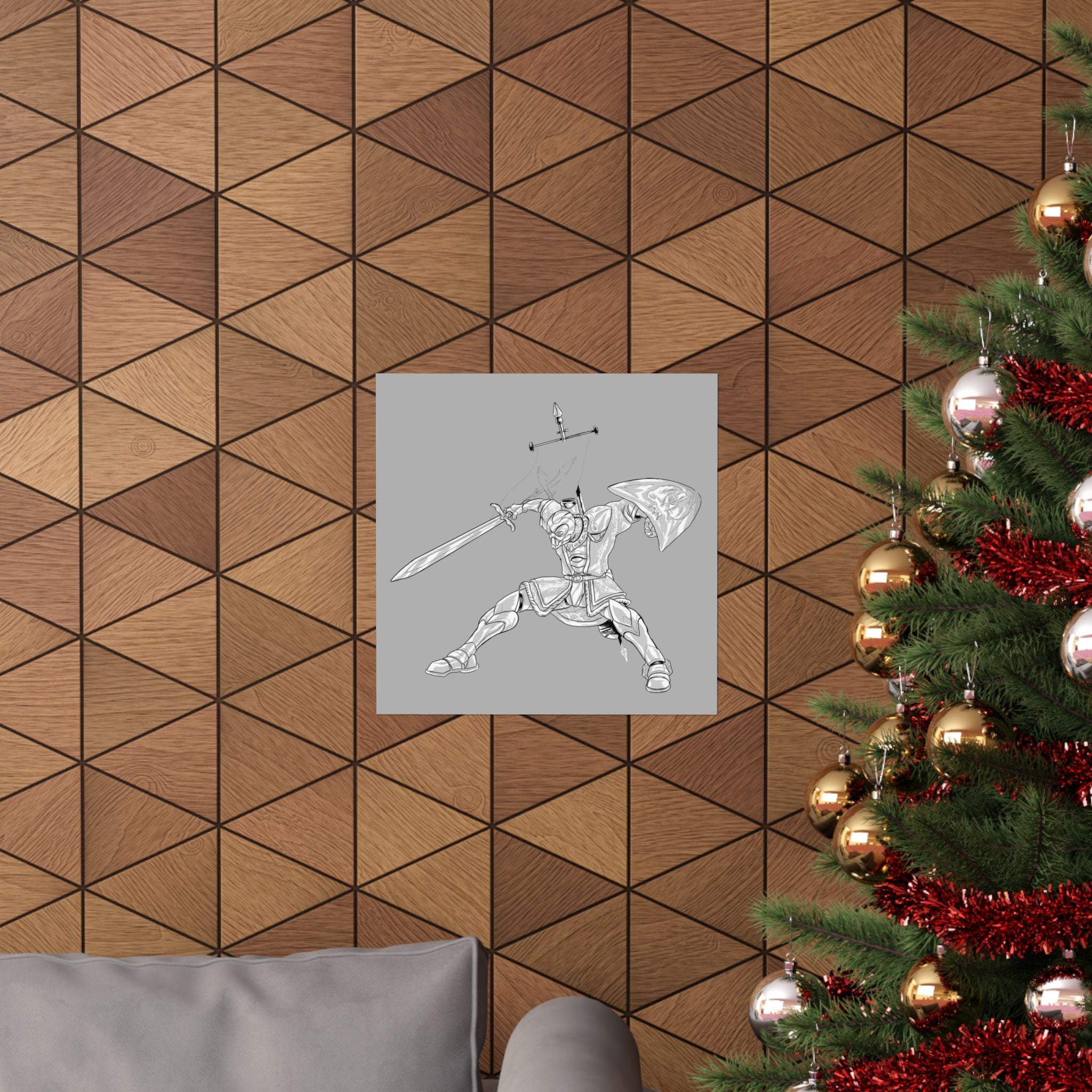 Mechanical Warrior Sketch Poster — Matte Horizontal Knight Sword & Shield Art Print