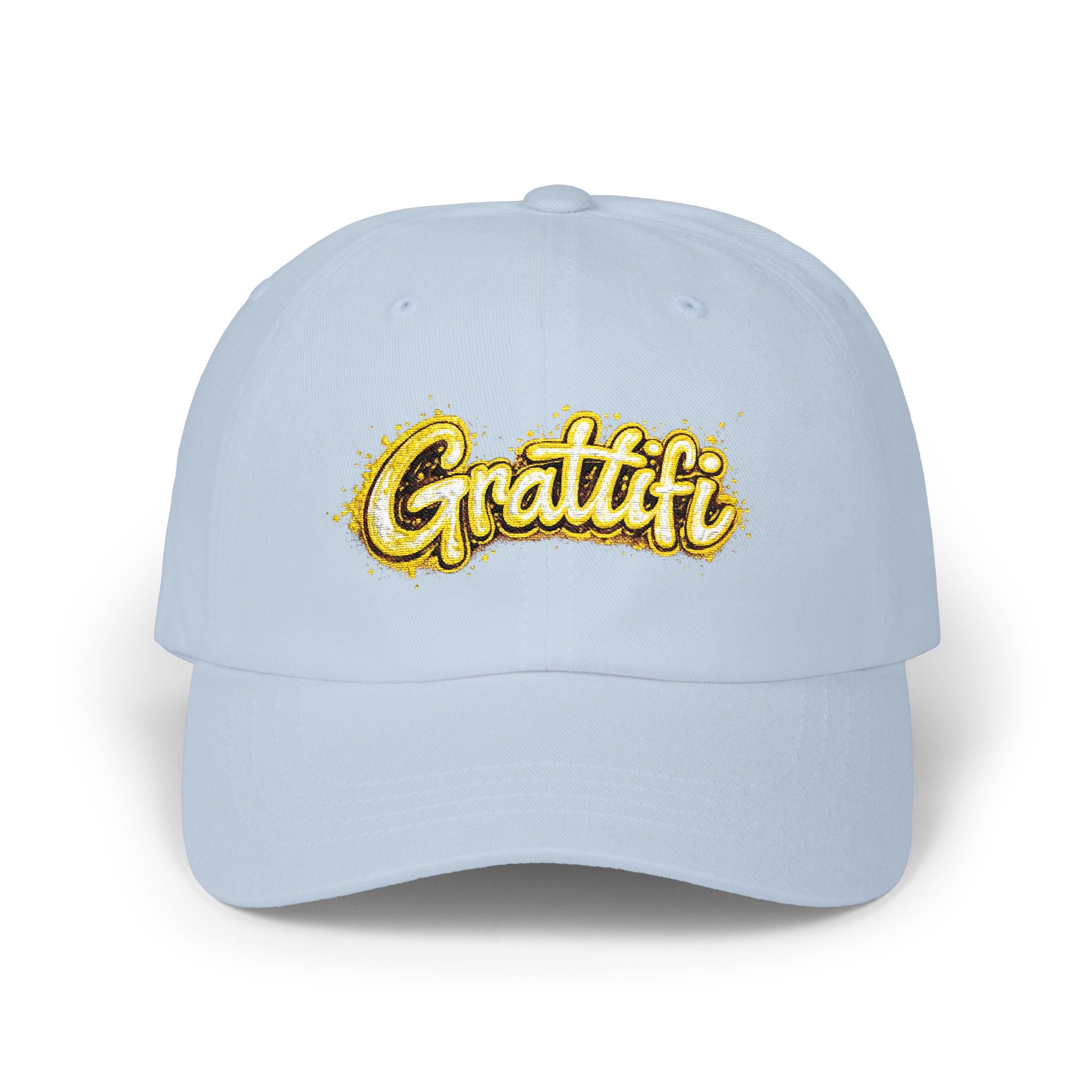 Gratitude Gold Script Dad Cap – White Embroidered 'Gratiti' Baseball Hat