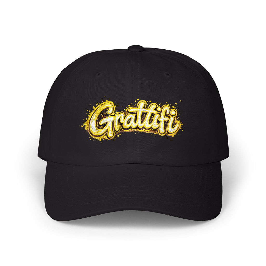 Gratitude Gold Script Dad Cap – White Embroidered 'Gratiti' Baseball Hat