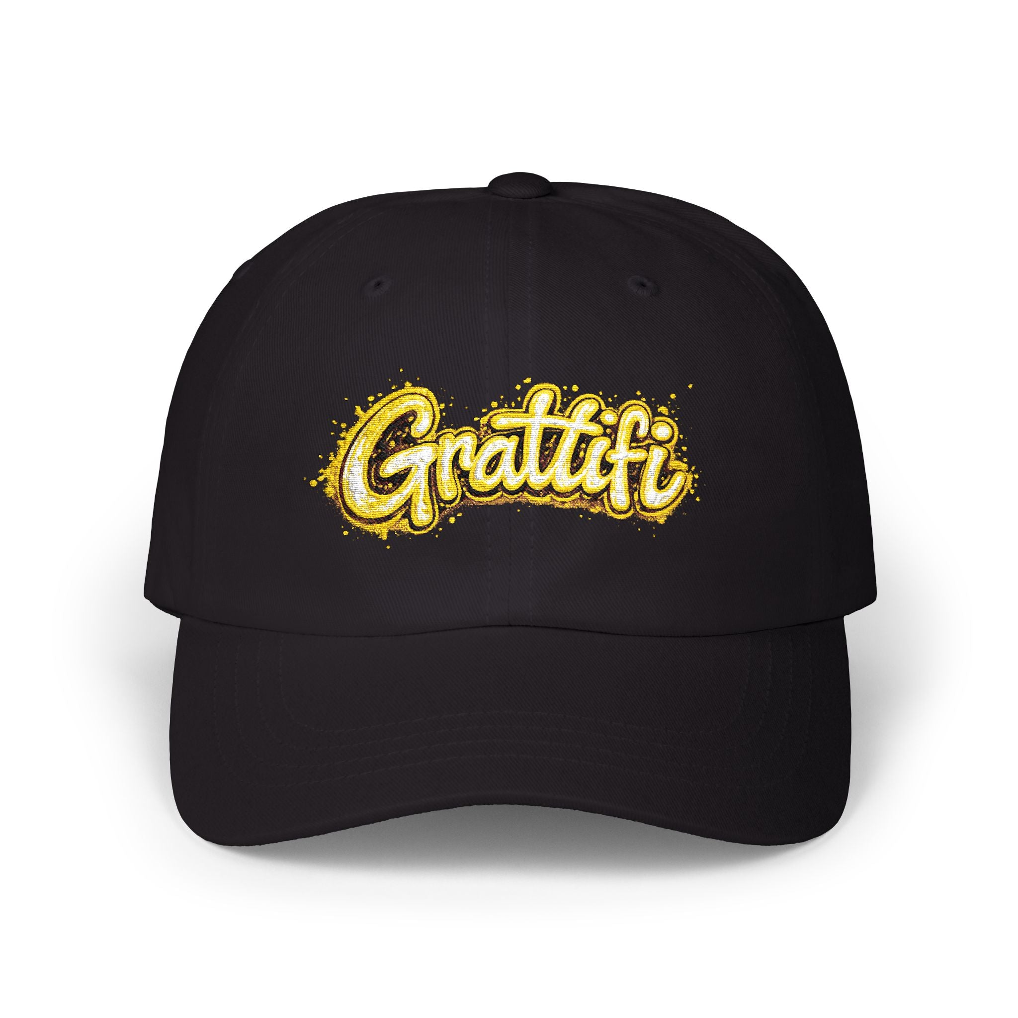 Gratitude Gold Script Dad Cap – White Embroidered 'Gratiti' Baseball Hat