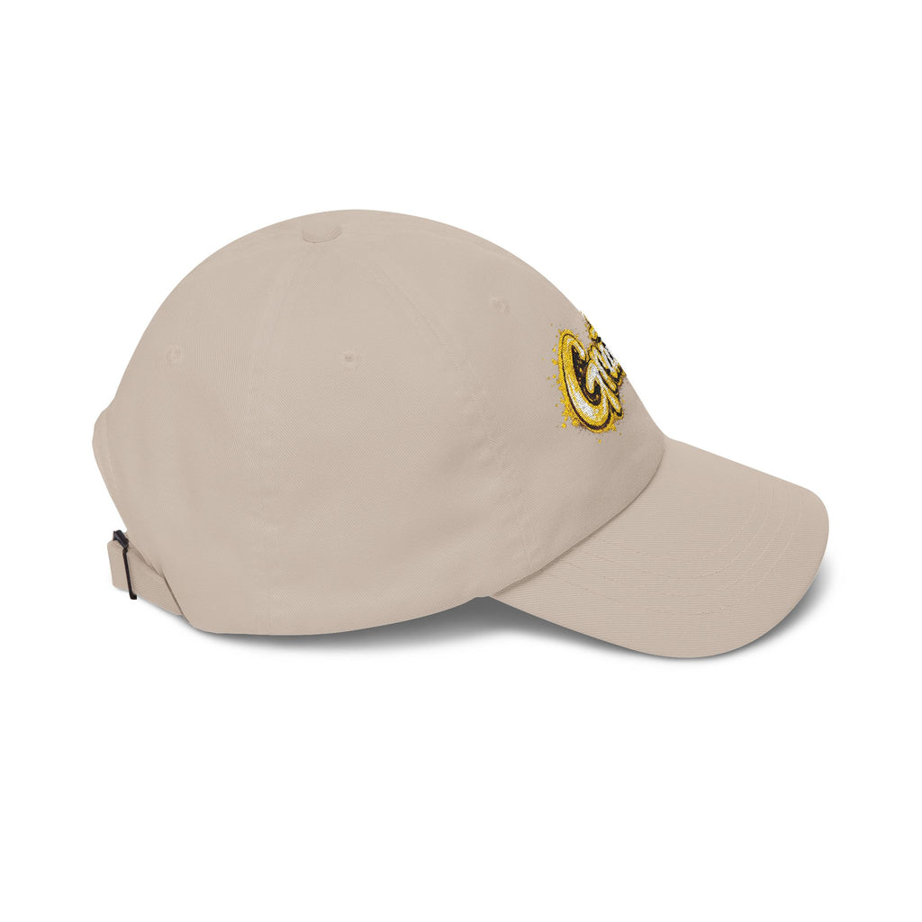 Gratitude Gold Script Dad Cap – White Embroidered 'Gratiti' Baseball Hat