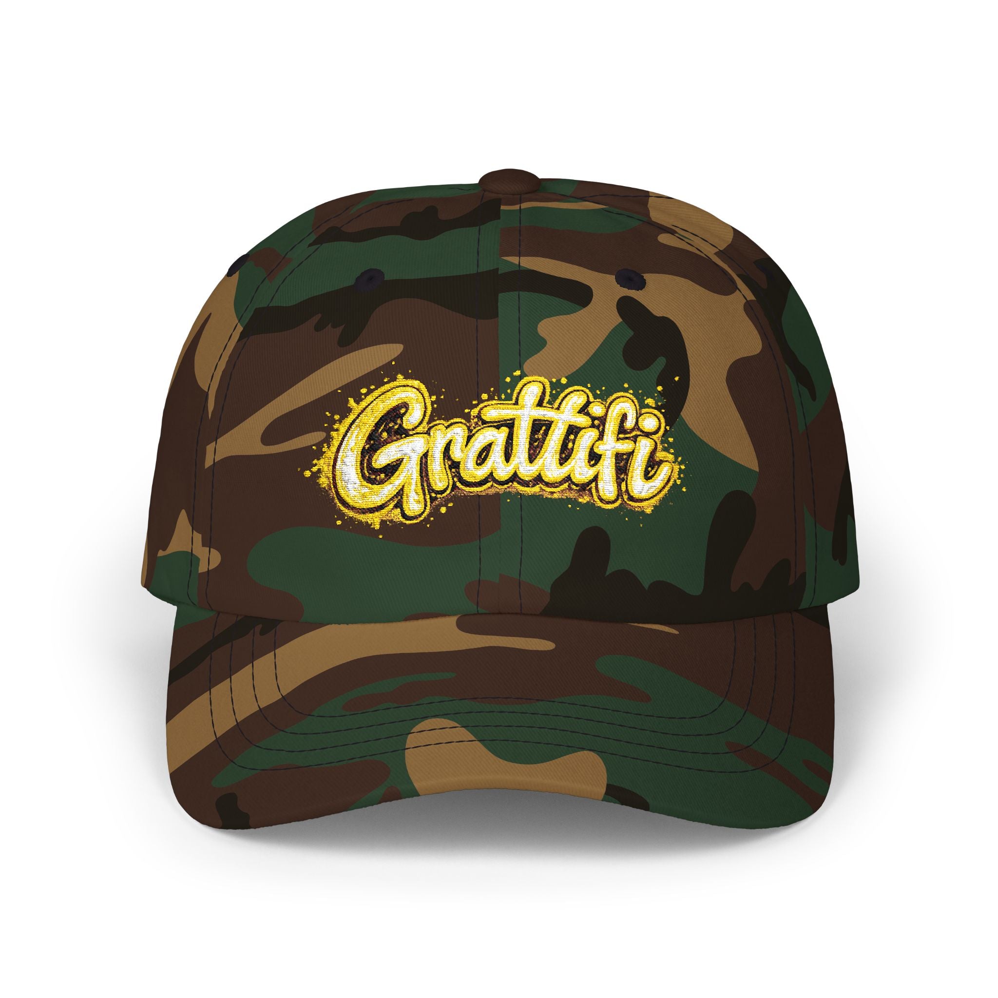Gratitude Gold Script Dad Cap – White Embroidered 'Gratiti' Baseball Hat