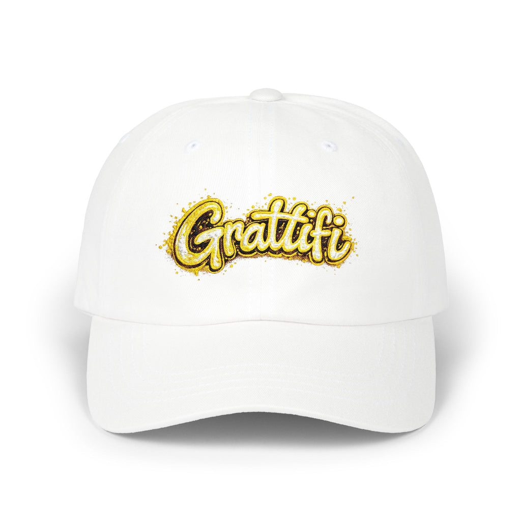 Gratitude Gold Script Dad Cap – White Embroidered 'Gratiti' Baseball Hat