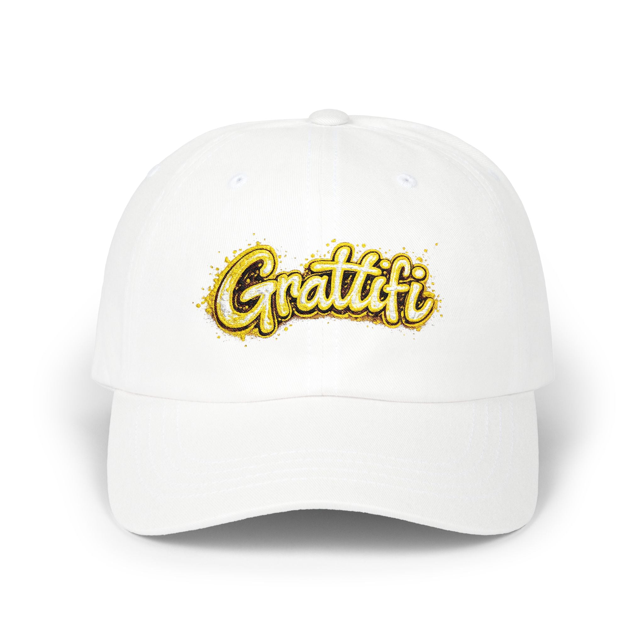 Gratitude Gold Script Dad Cap – White Embroidered 'Gratiti' Baseball Hat