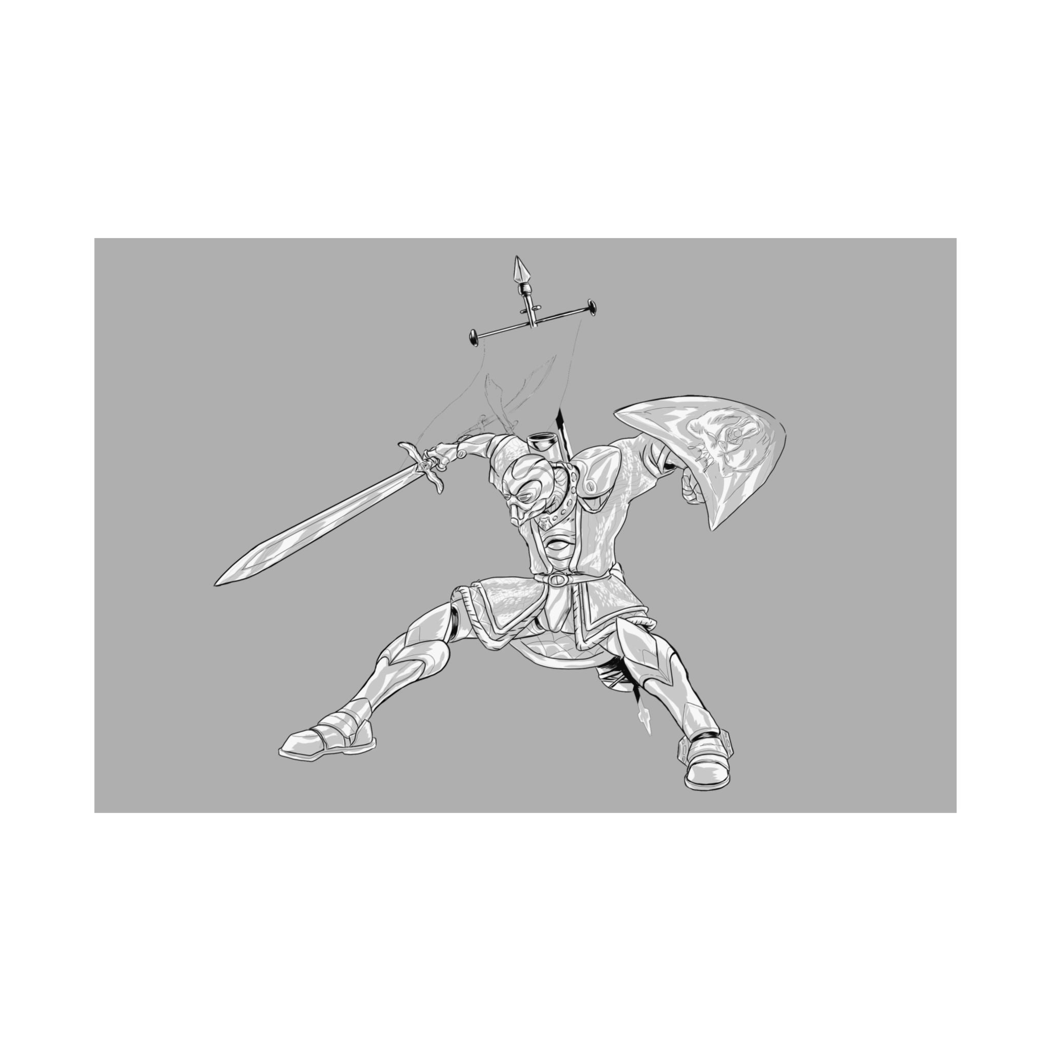 Mechanical Warrior Sketch Poster — Matte Horizontal Knight Sword & Shield Art Print