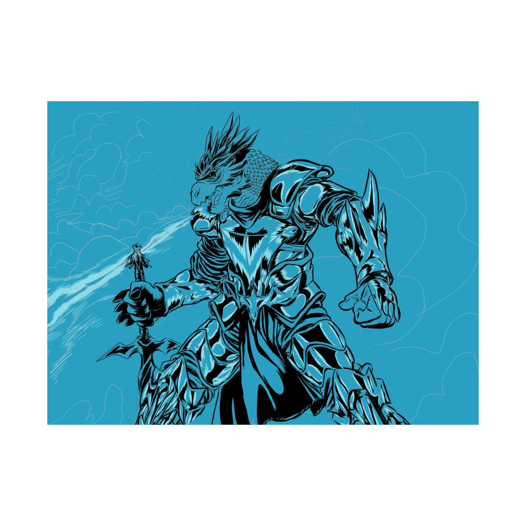 Dragonborne Warrior Matte Poster — Blue Fantasy Knight Art Print
