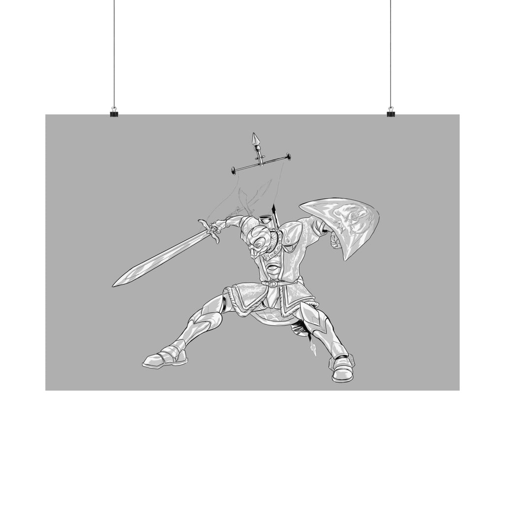 Mechanical Warrior Sketch Poster — Matte Horizontal Knight Sword & Shield Art Print